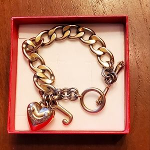 Juicy Couture Gold Tone Chain Link Charm Bracelet w/ Puffed Heart & J